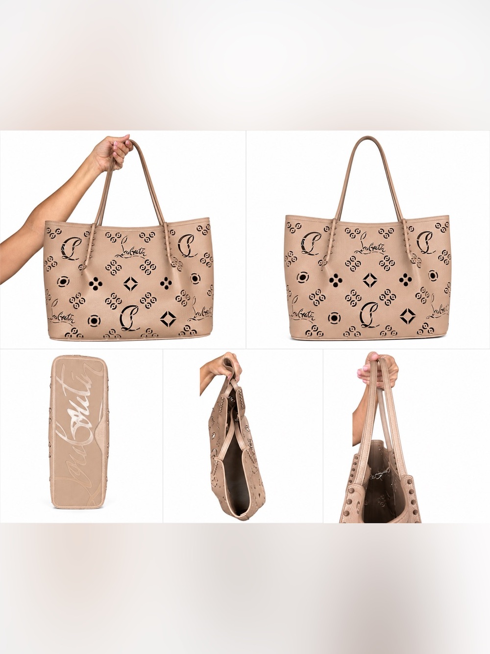 Christian Louboutin Cabarock Loubinthesky Large Leather Tote Leche Taupe Spiked - Picture 4 of 10